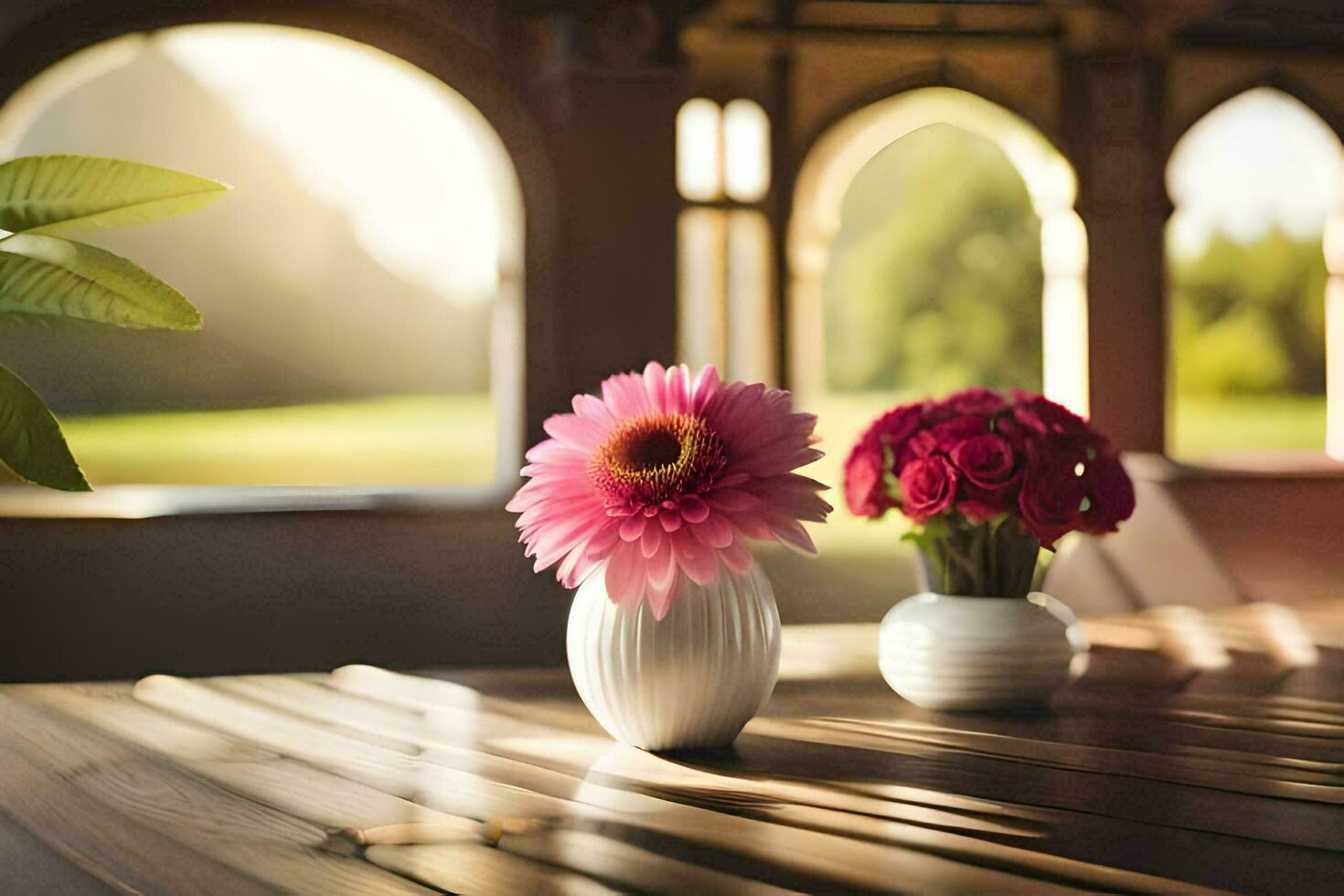 två vaser med blommor på en tabell i främre av en fönster. ai-genererad foto