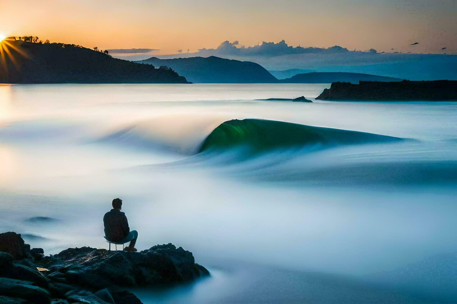 en man Sammanträde på stenar tittar på de vågor på solnedgång. ai-genererad foto