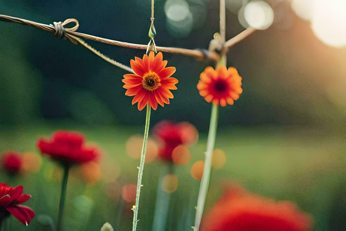 röd blommor hängande från en tråd i en fält. ai-genererad foto