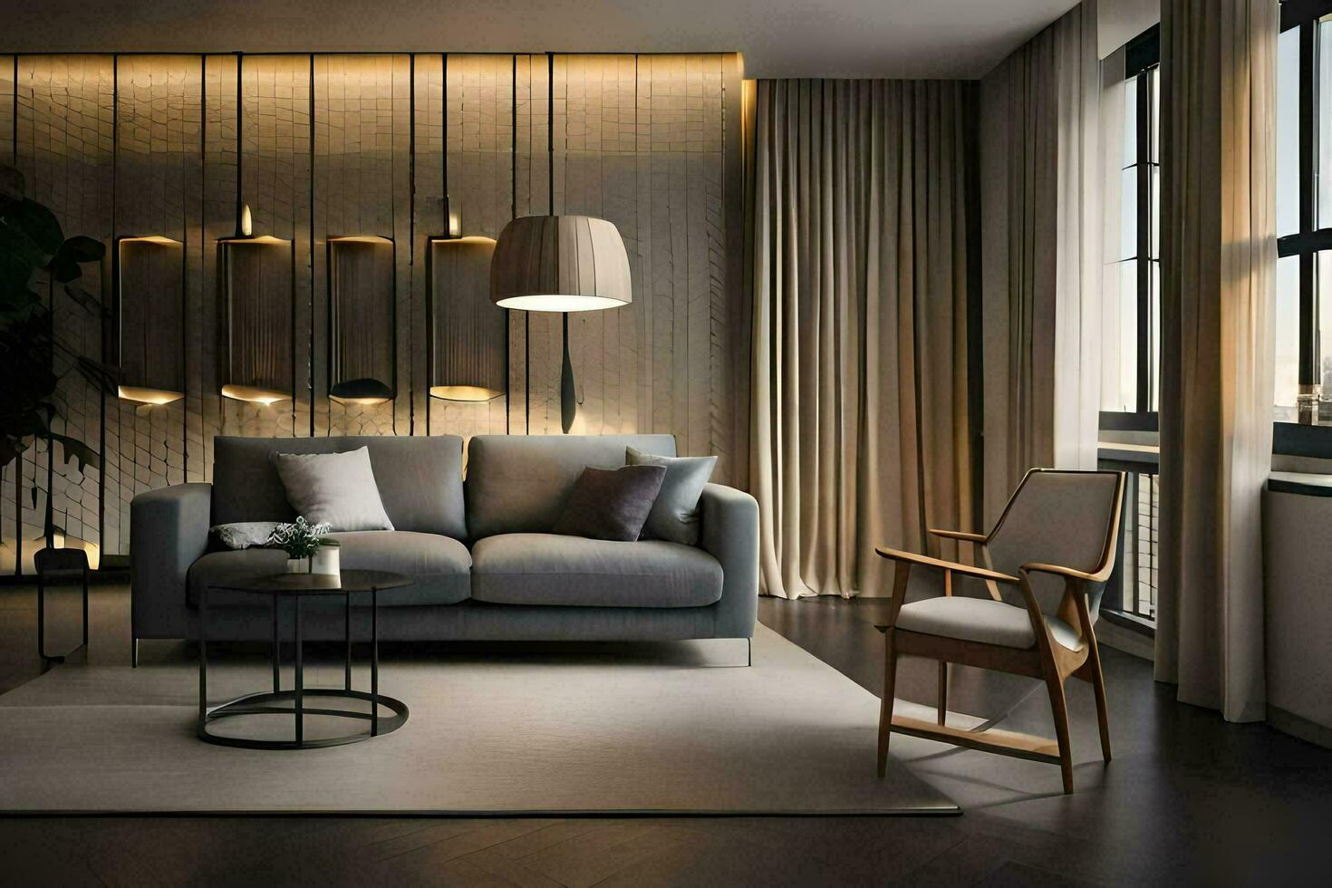 en modern levande rum med en grå soffa och en stol. ai-genererad foto