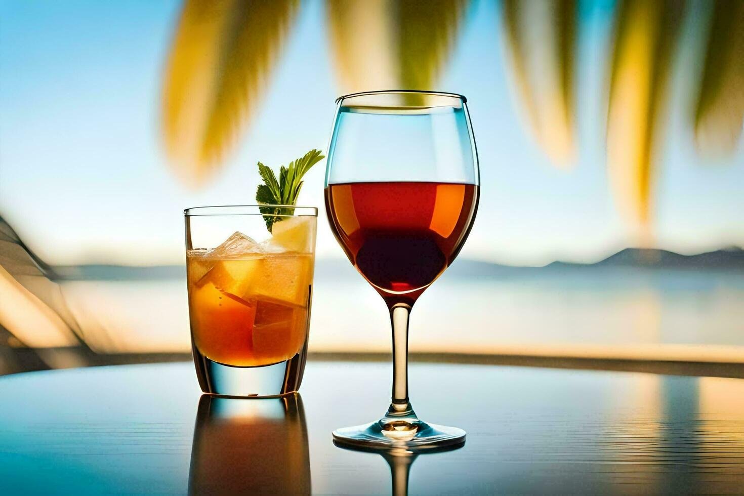 två glasögon av vin och en cocktail på en tabell. ai-genererad foto