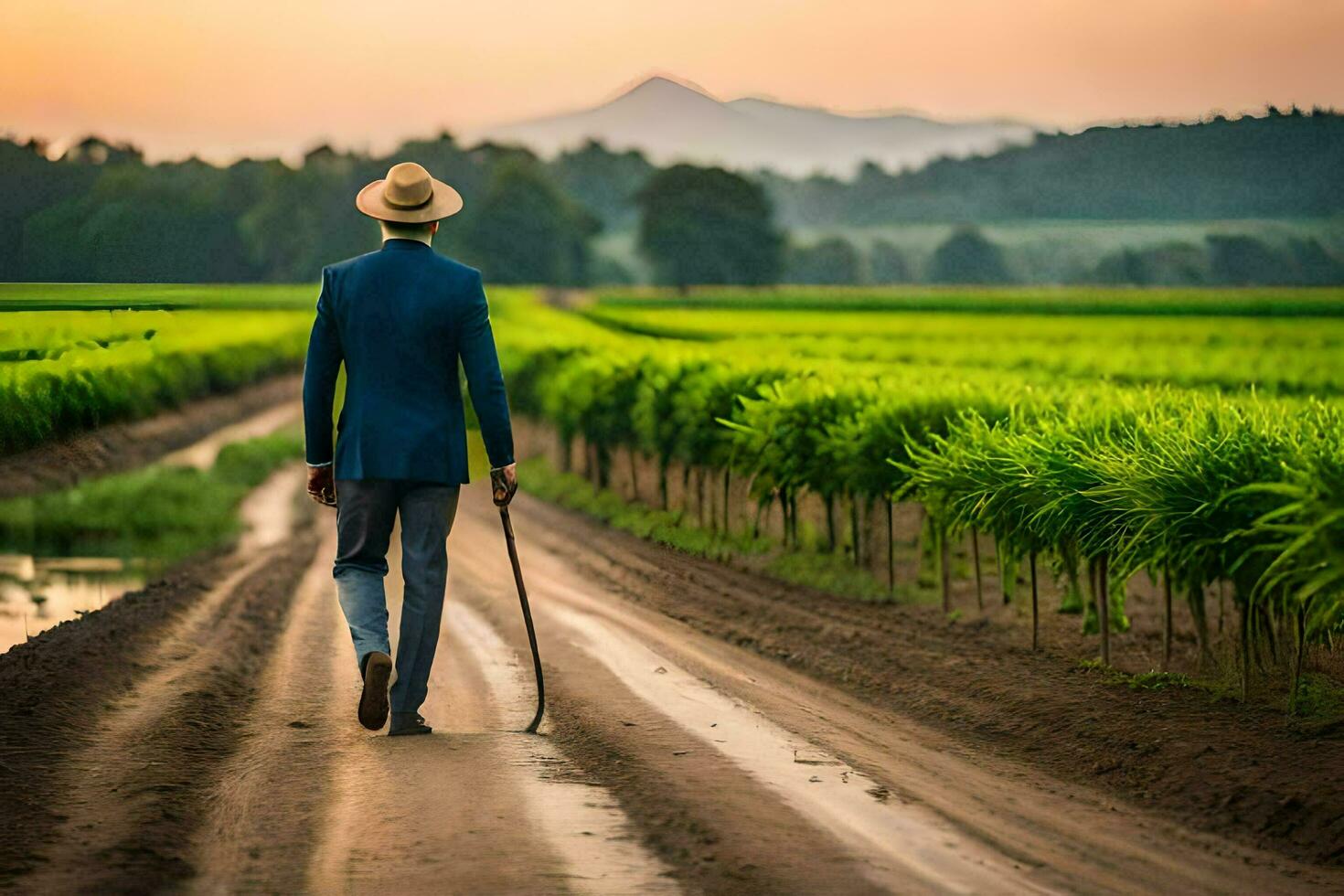en man i en kostym och hatt gående genom en fält av socker sockerrör. ai-genererad foto