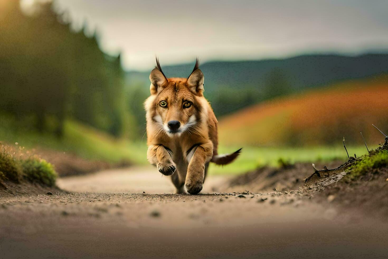 en hund löpning på en smuts väg. ai-genererad foto