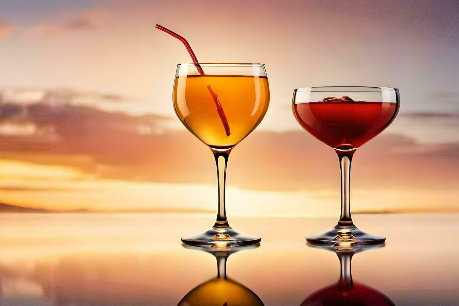 två glasögon av vin med en solnedgång i de bakgrund. ai-genererad foto