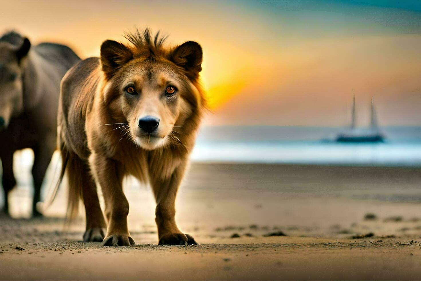 en lejon och en flodhäst på de strand på solnedgång. ai-genererad foto
