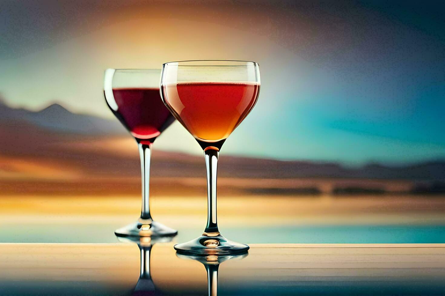 två vin glasögon med röd och vit vin på en tabell. ai-genererad foto