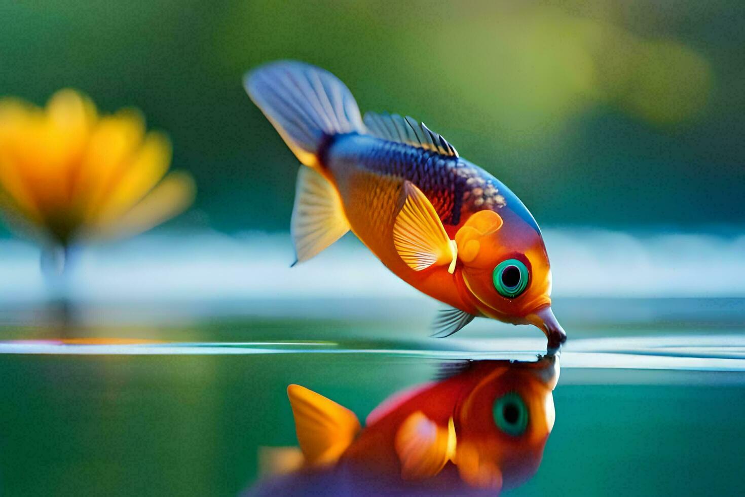 en fisk med ljus ögon är reflekterad i de vatten. ai-genererad foto