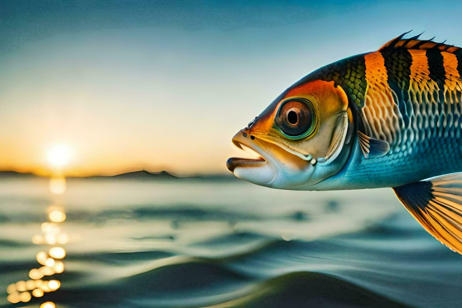 en fisk med en randig kropp är visad i de vatten. ai-genererad foto