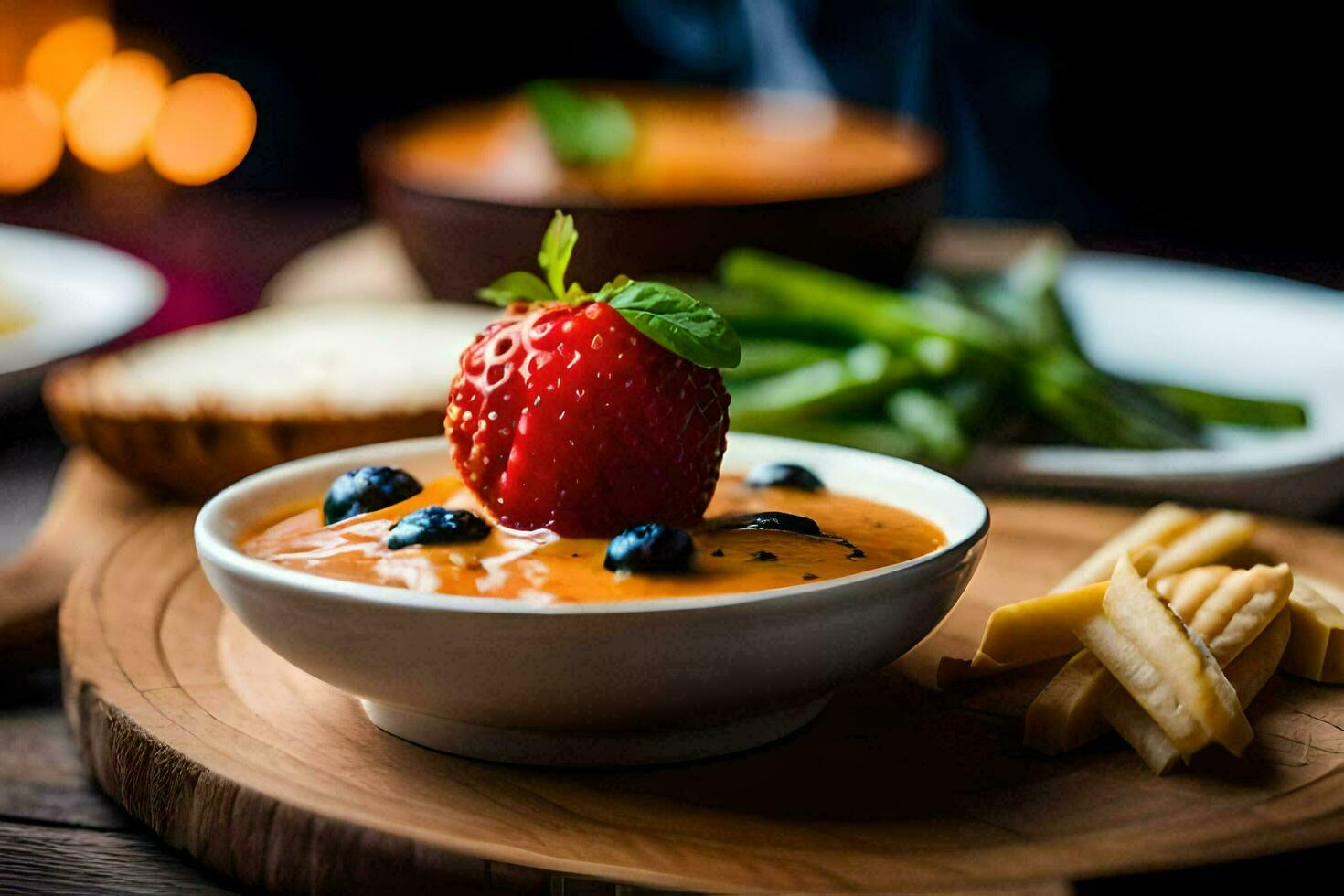 en skål av soppa med en jordgubb och en skiva av ost. ai-genererad foto