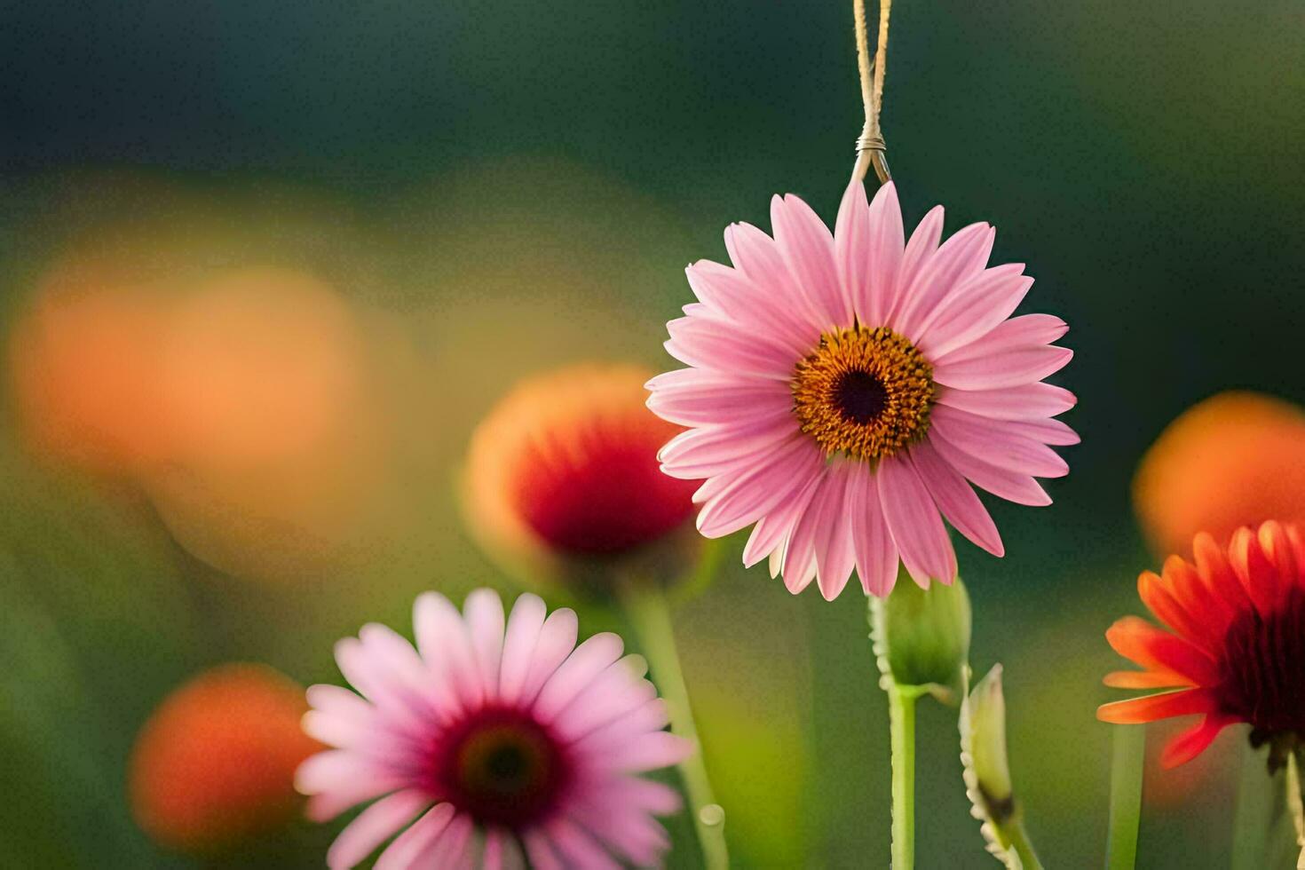 rosa blommor hängande från en sträng i en fält. ai-genererad foto