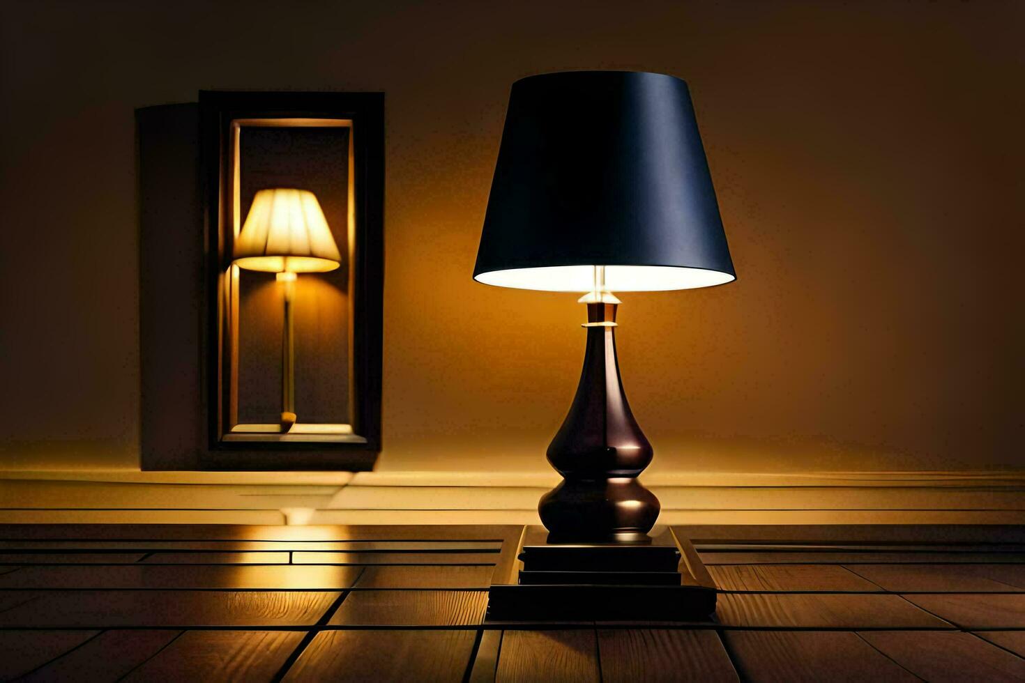 en lampa Sammanträde på en trä- golv Nästa till en spegel. ai-genererad foto