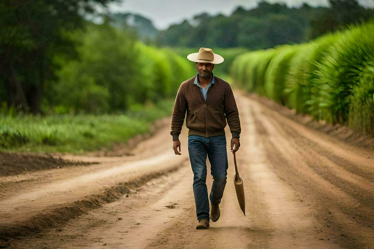 en man i en cowboy hatt promenader ner en smuts väg. ai-genererad foto