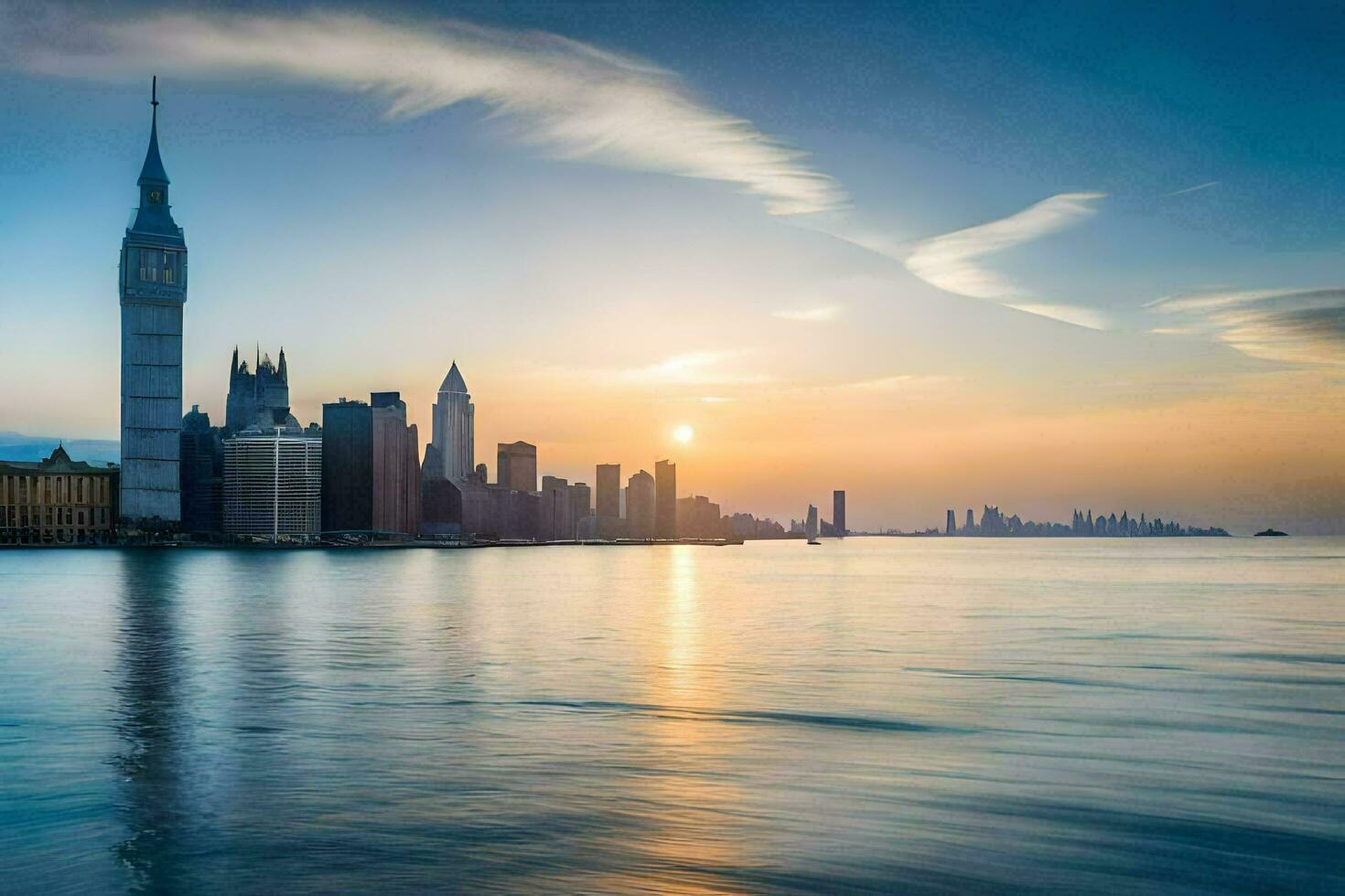 de stad horisont av shanghai på solnedgång. ai-genererad foto