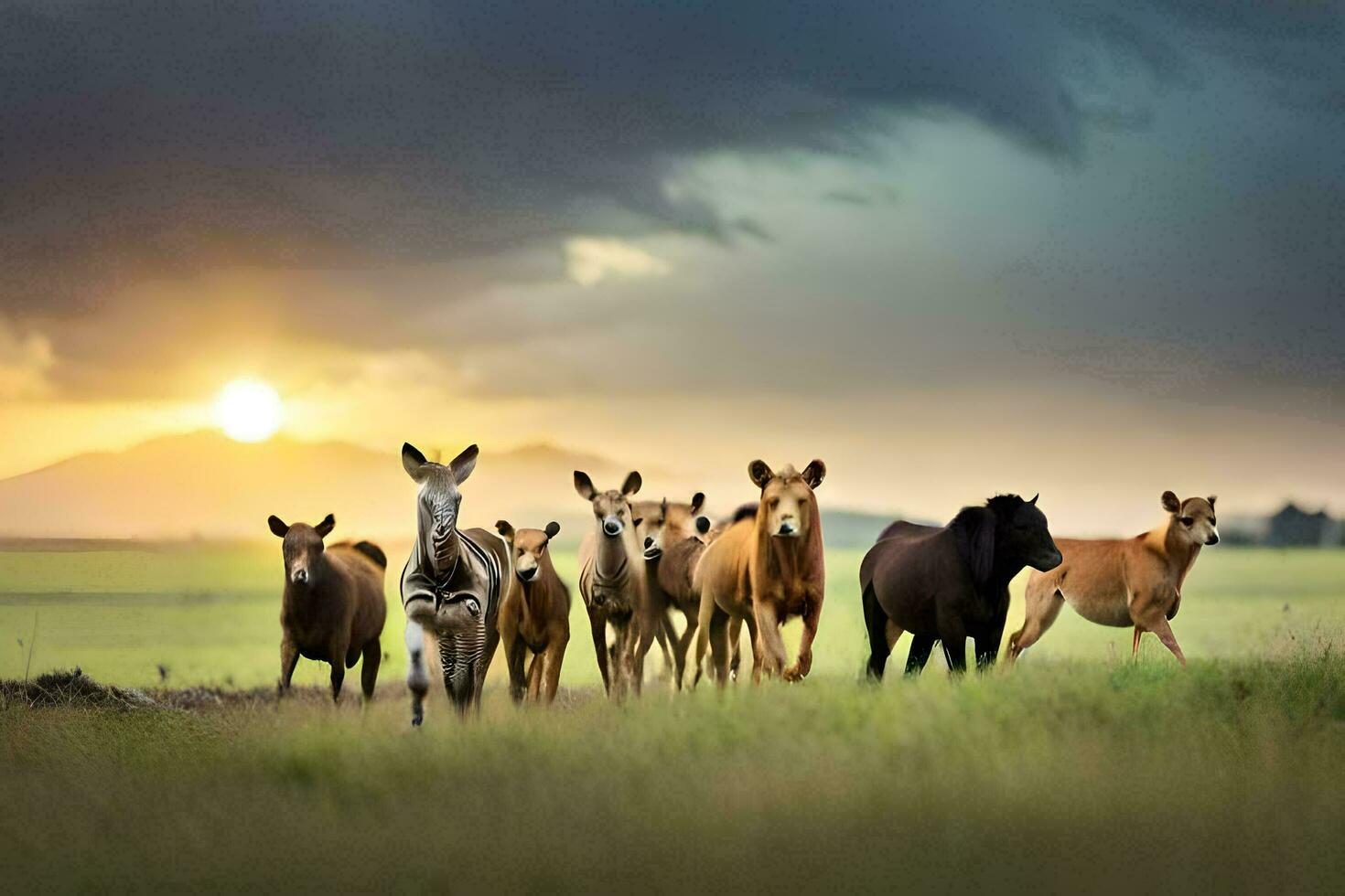 en besättning av hästar löpning i de solnedgång. ai-genererad foto