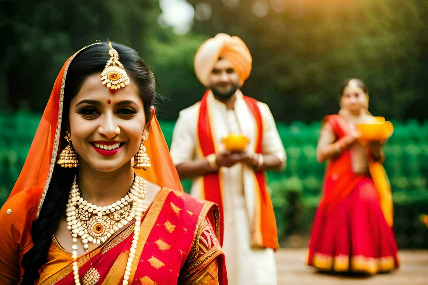 indisk brud och brudgum i traditionell klädsel. ai-genererad foto