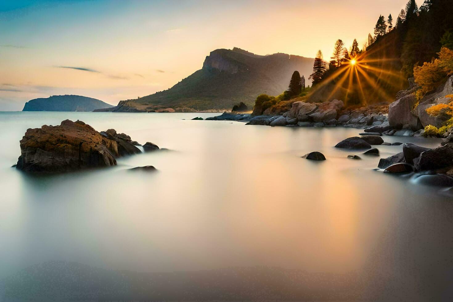 de Sol lyser över en klippig strandlinje och en berg räckvidd. ai-genererad foto