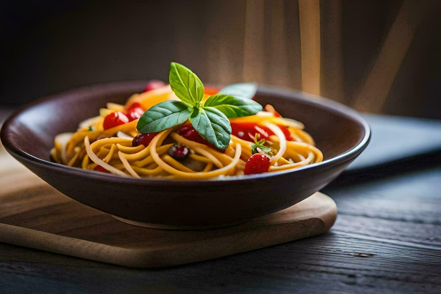 en skål av pasta med tomater och basilika löv. ai-genererad foto