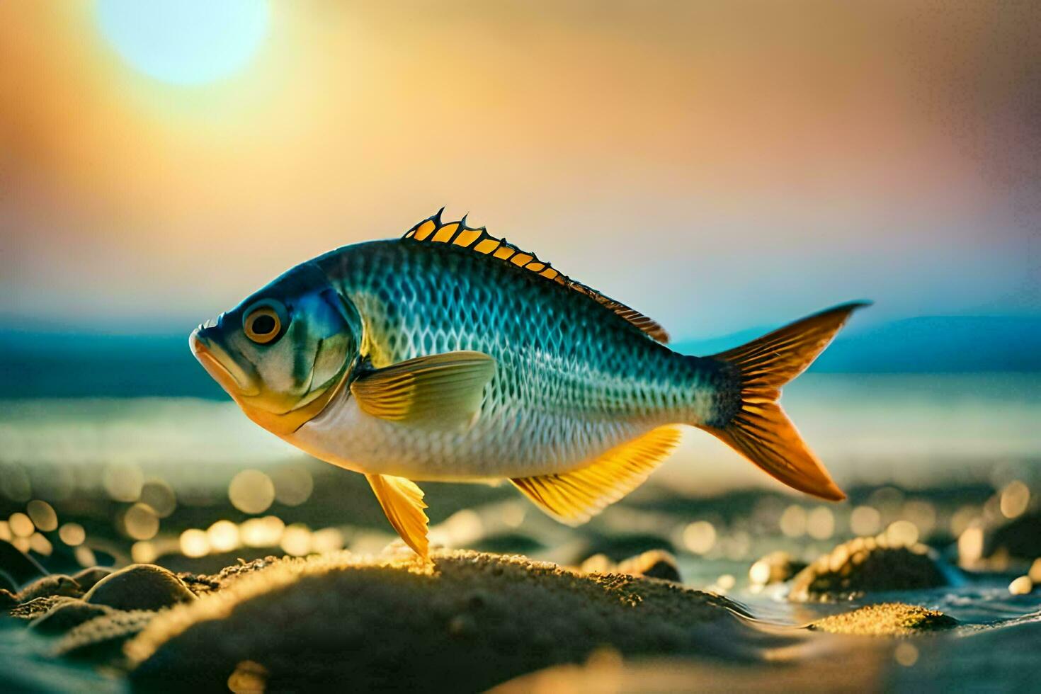 en fisk är stående på de strand på solnedgång. ai-genererad foto