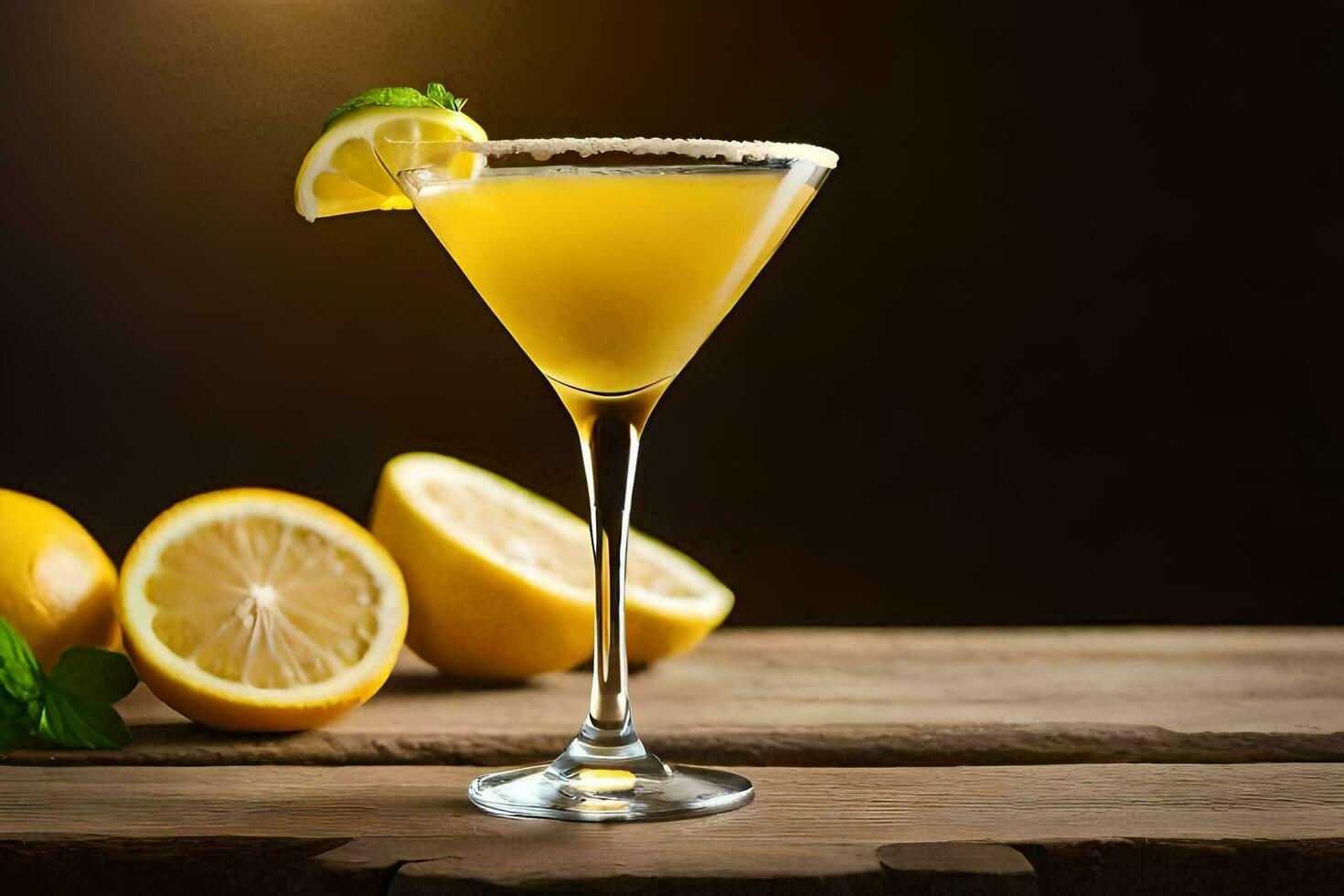 en cocktail med citron- och mynta på en trä- tabell. ai-genererad foto