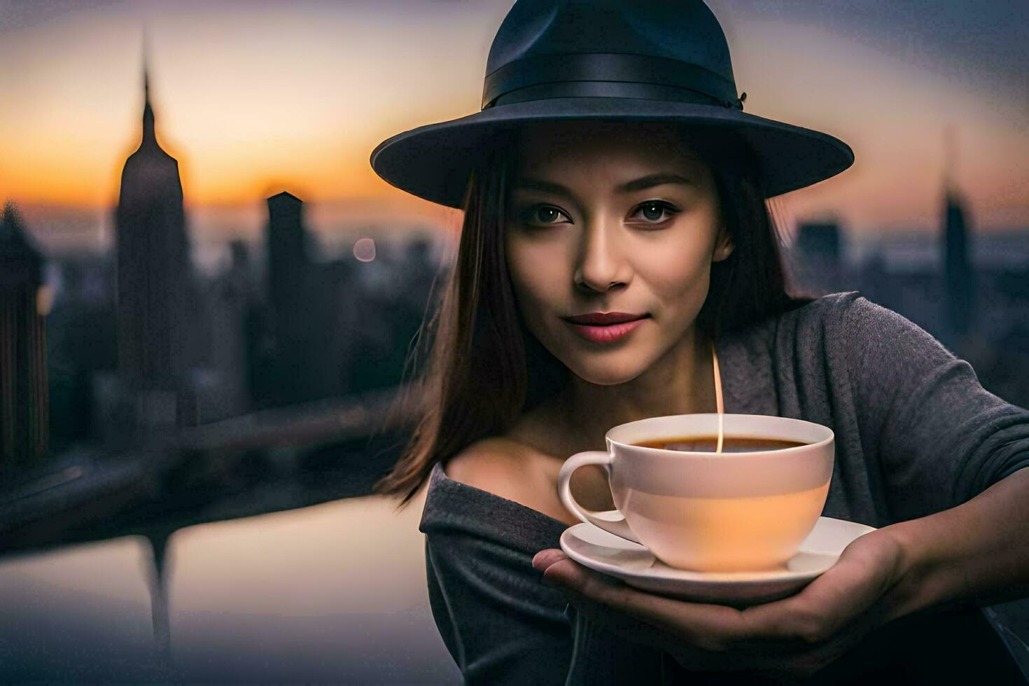 en kvinna i en hatt innehav en kopp av kaffe. ai-genererad foto