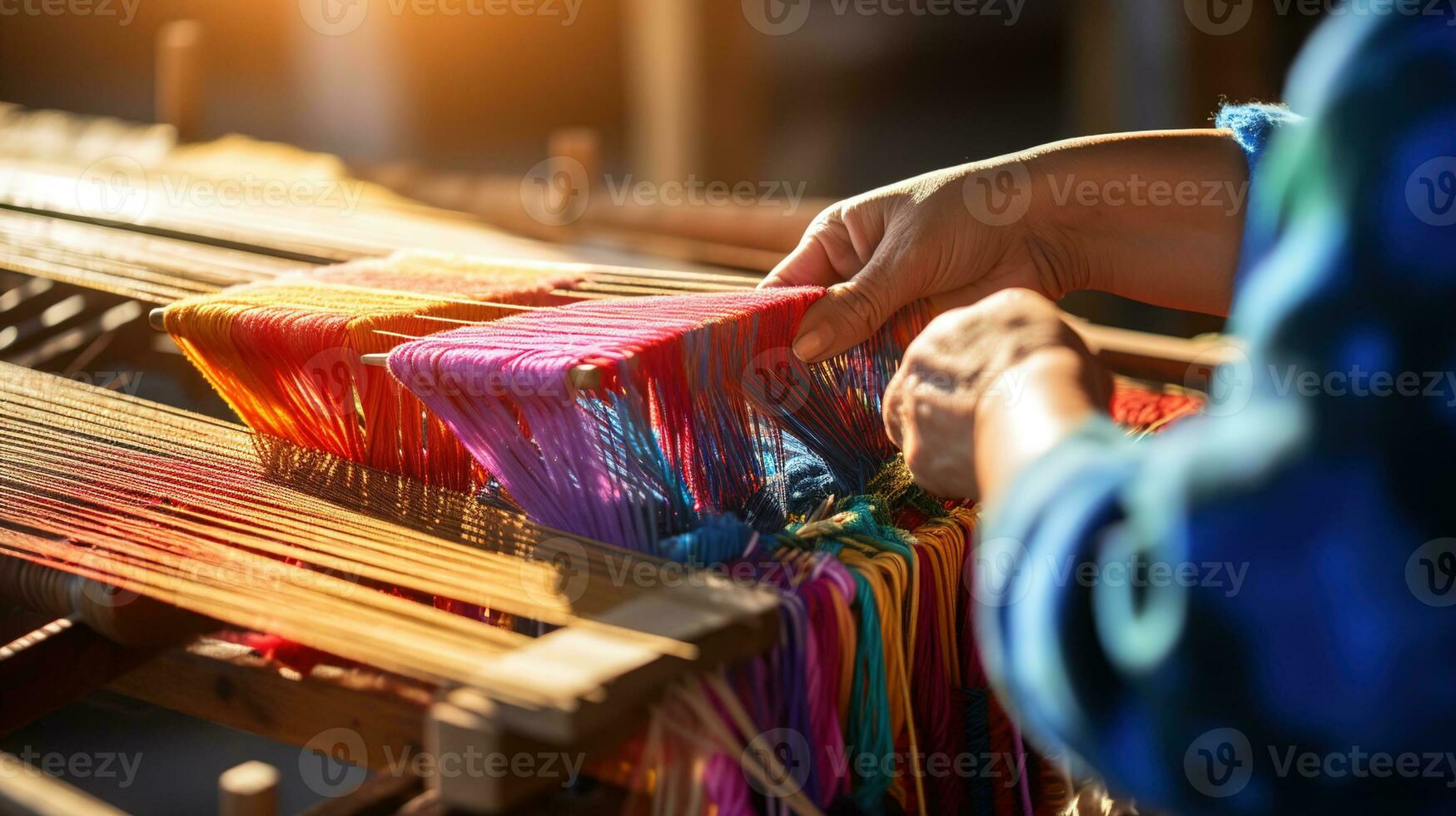 fira modern traditionell arv hantverk, närbild av händer vävning en färgrik textil- på en trä- vävstol med kopia Plats för kreativ uttryck, ai generativ foto