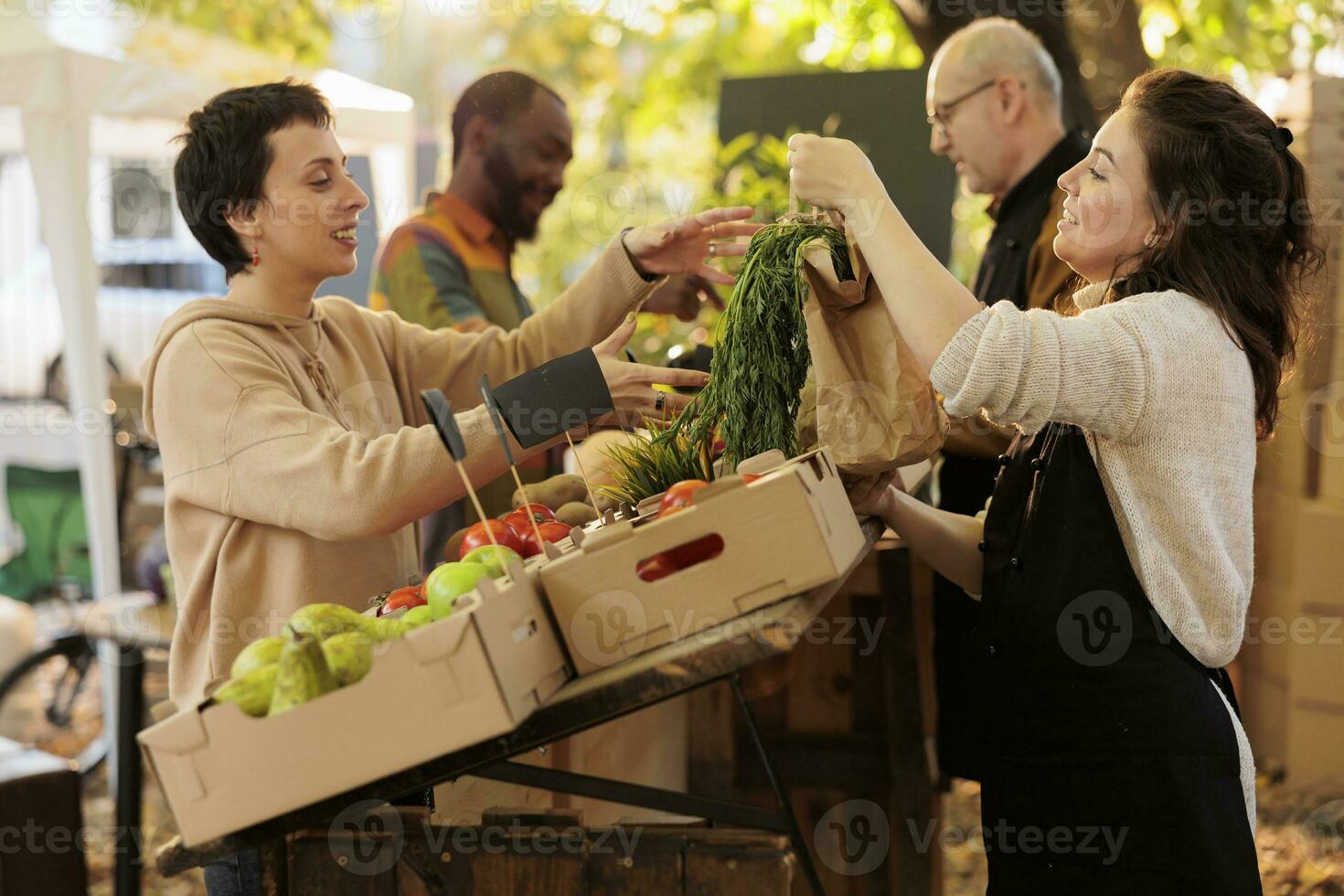 kvinna kurir tar väska av organisk Produkter till leverera mat beställa på cykel, talande till kvinna Säljare på lokal- marknadsföra stå. mat leverans arbetstagare plockning upp färsk eco producera i ryggsäck. foto