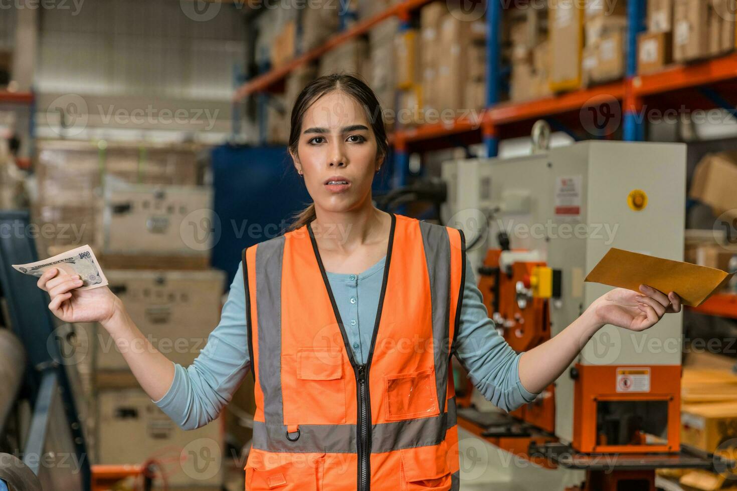 kvinna arbetskraft ingenjör som visar missnöje med lön mottagen. anställd industri arbetstagare olycklig mindre bonus kontanter betala foto
