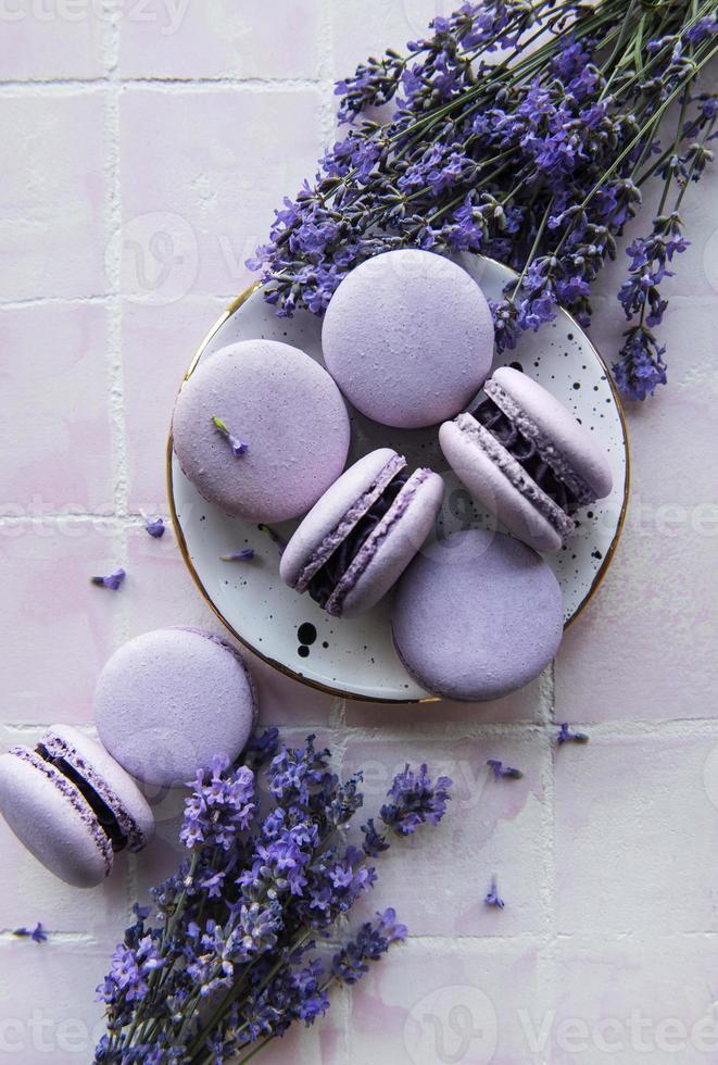franska macarons med lavendelsmak och färska lavendelblommor foto