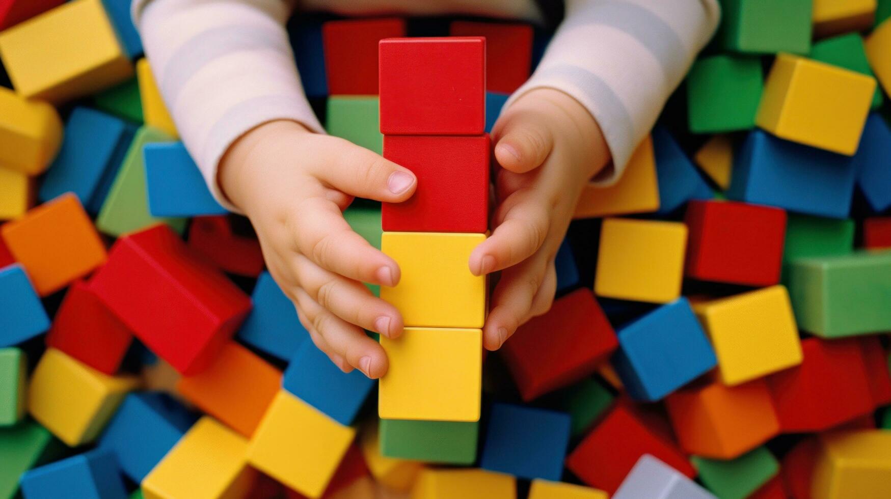en ung barnets händer spelar med av färgrik byggnad block foto