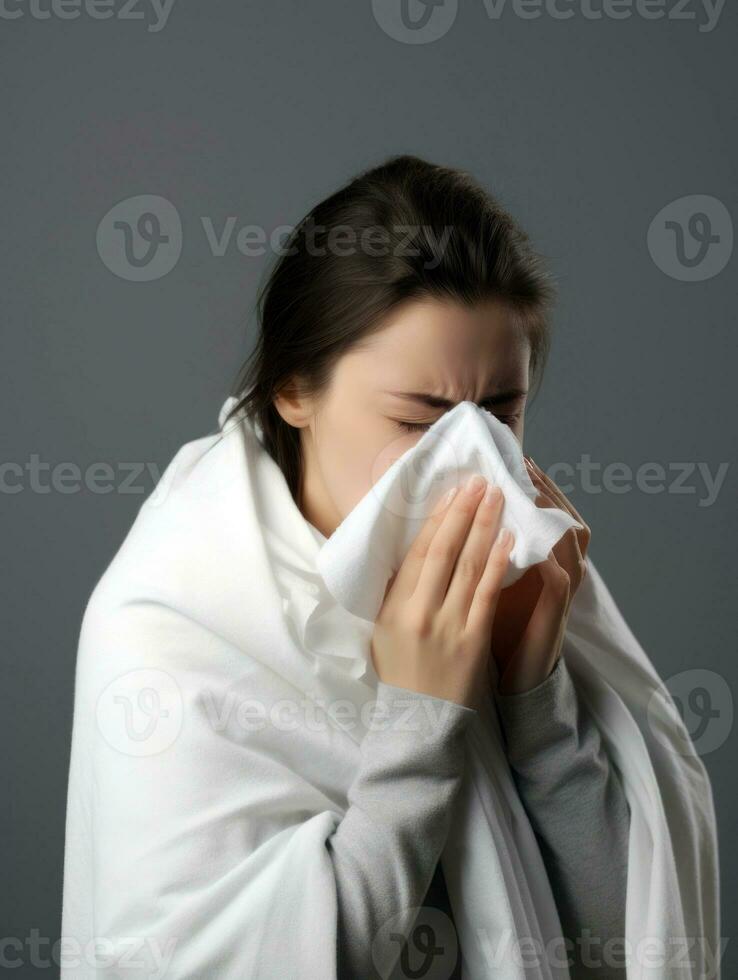 kvinna är visad lidande från kall med rinnande näsa på grå bakgrund ai generativ foto