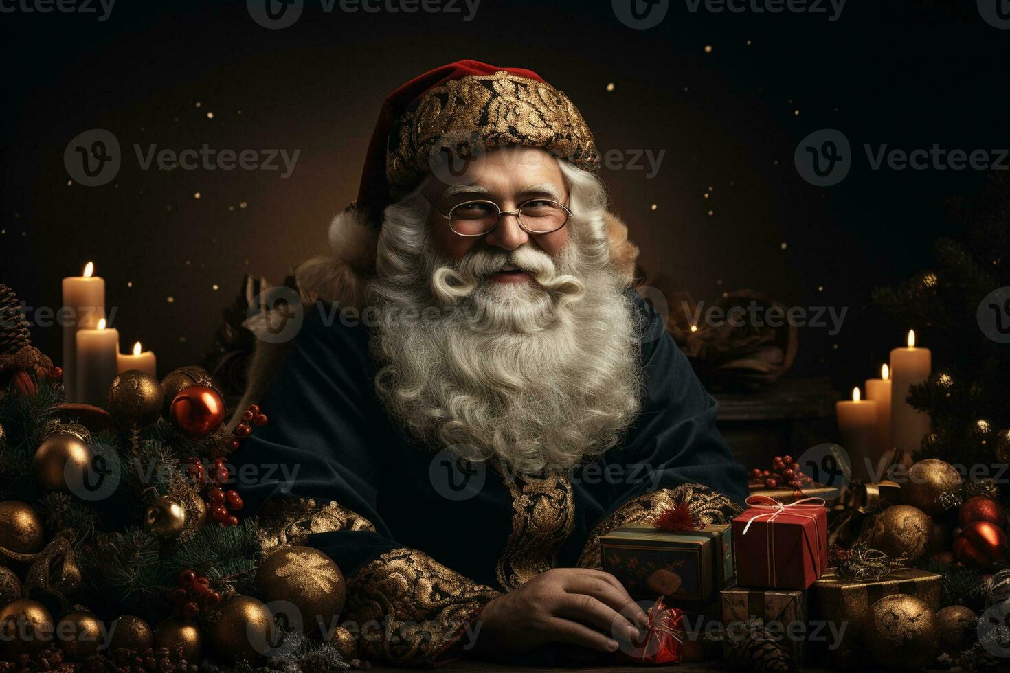 ai generativ jul baner med kopia Plats för text, santa claus fira med presentförpackningar, gran träd grenar och röd ornament, mörk Färg bakgrund foto