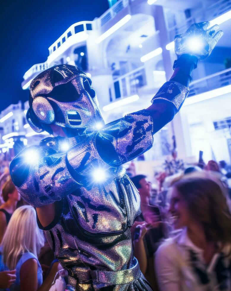 man i cyberpunk-stil robot kostym framställning för disko i blå neon kostym - ai genererad foto