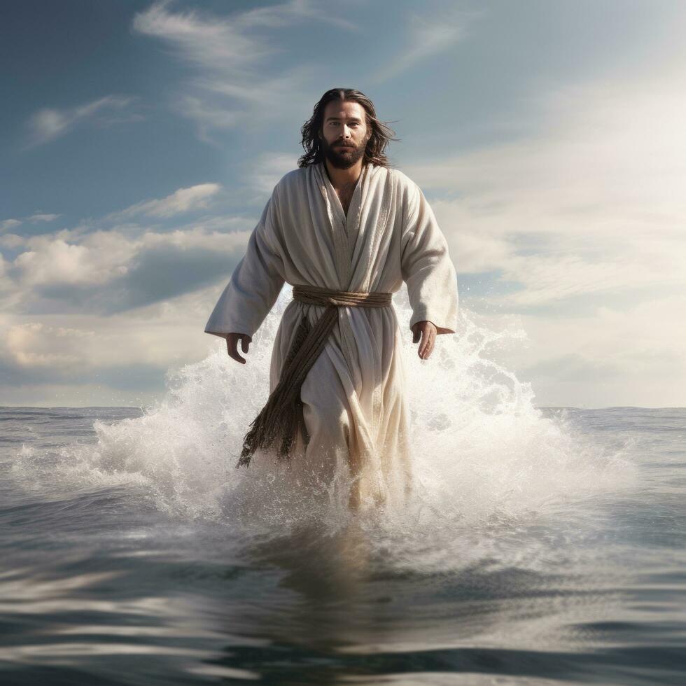 Jesus på vatten i lugn - ai genererad foto
