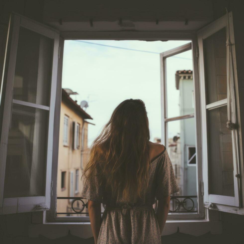 ung kvinna förbi de fönster - ai genererad foto