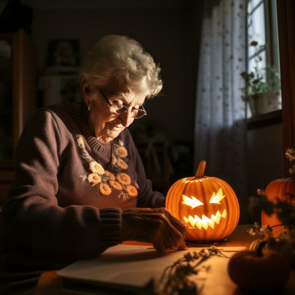 leende mormor under halloween - ai genererad foto