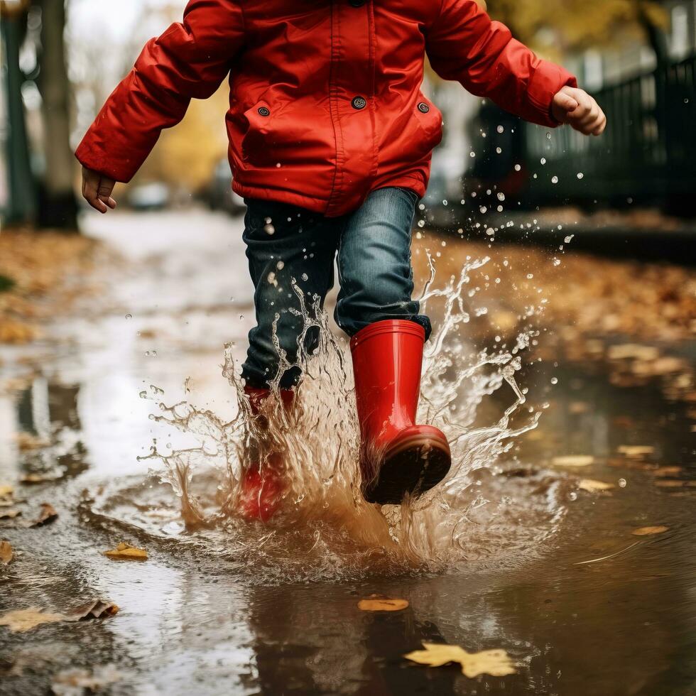 Lycklig barn stänk i vattenpölar - ai genererad foto