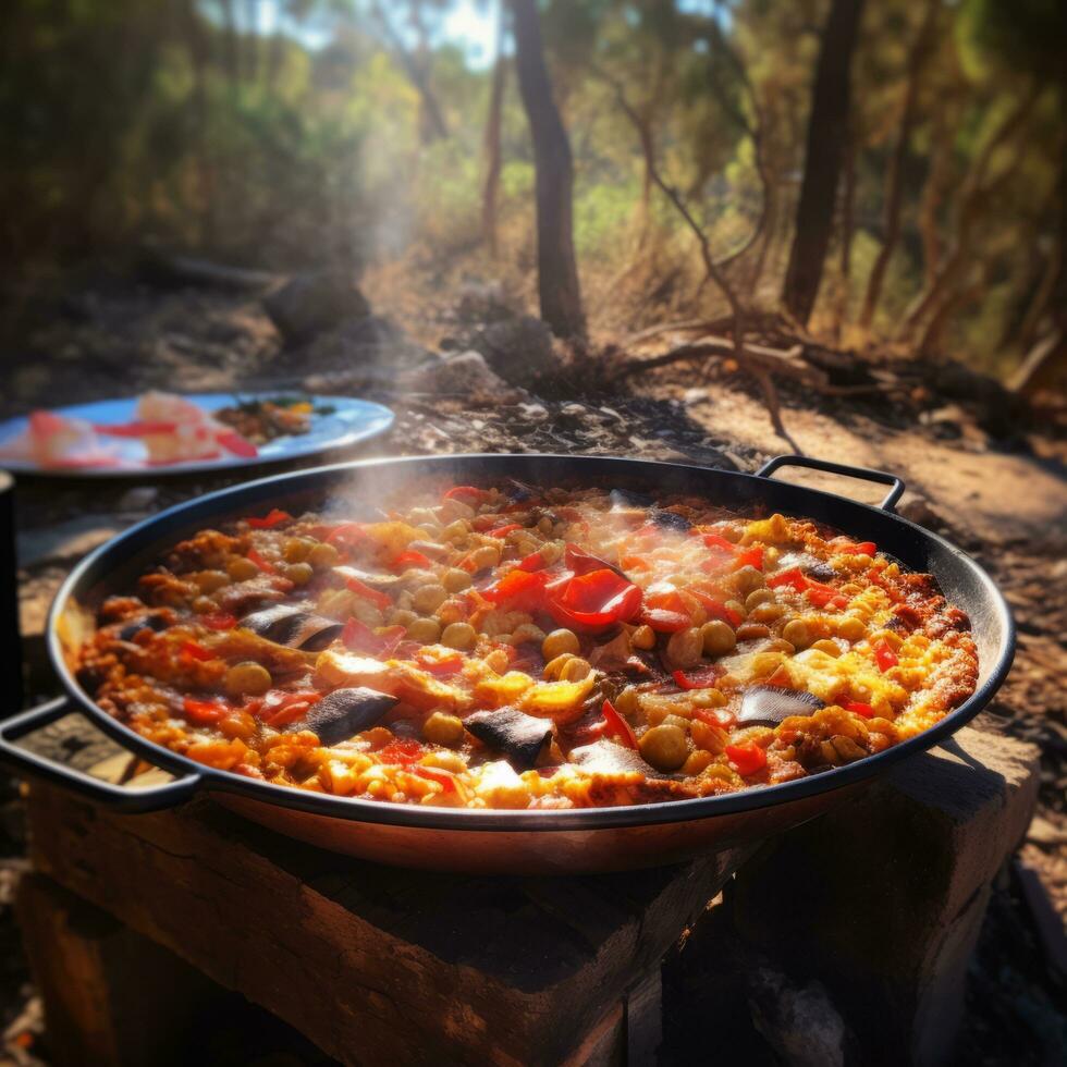 utomhus- matlagning valencian paella - ai genererad foto