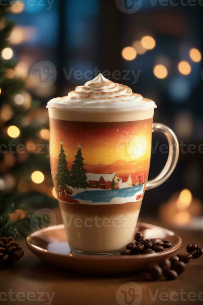 varm kaffe med vispad grädde på en bokeh bakgrund med jul dekorationer foto