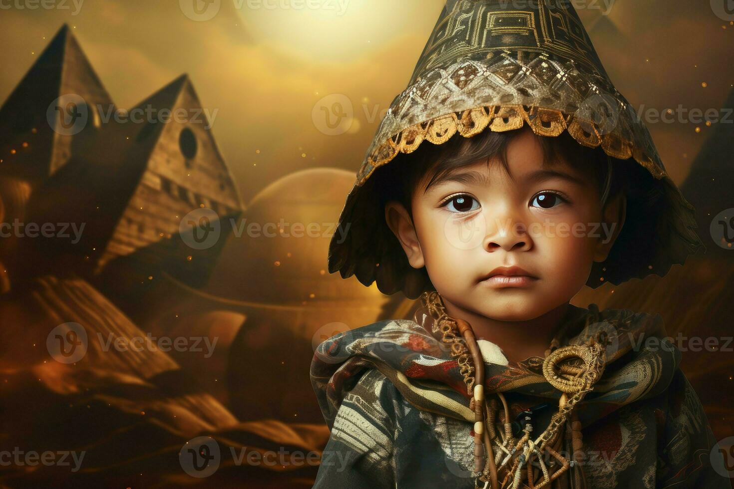 traditionell aztec barn pojke gammal pyramid. generera ai foto