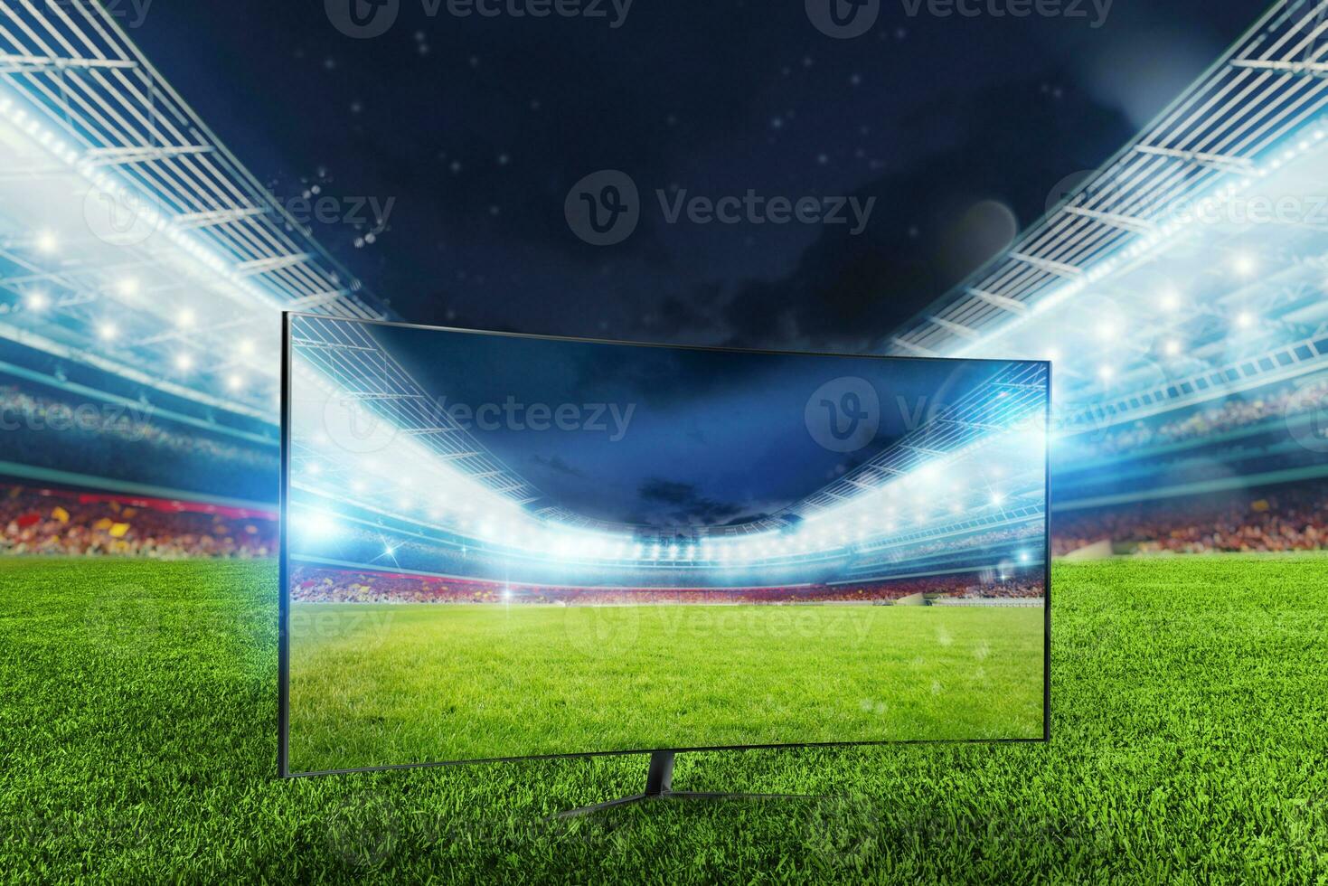 strömning TV kanal av fotboll stadion redo till en fotboll match foto