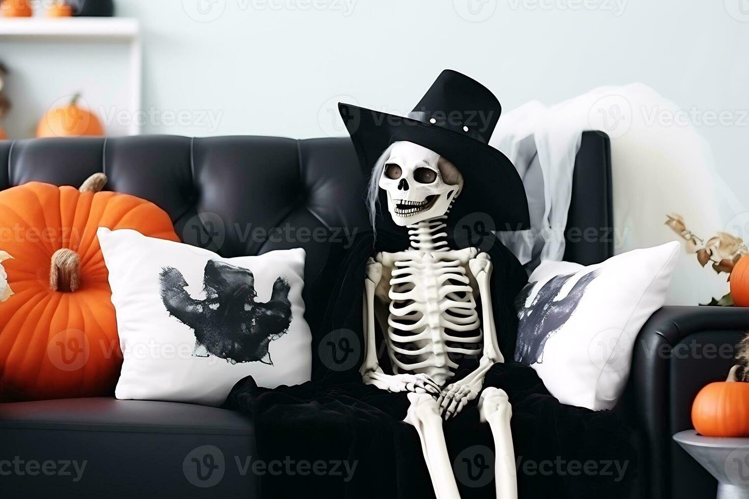 de interiör av en ljus rymlig rum är dekorerad för halloween. skelett sitter på en svart soffa i en cape och hatt. ai generativ foto