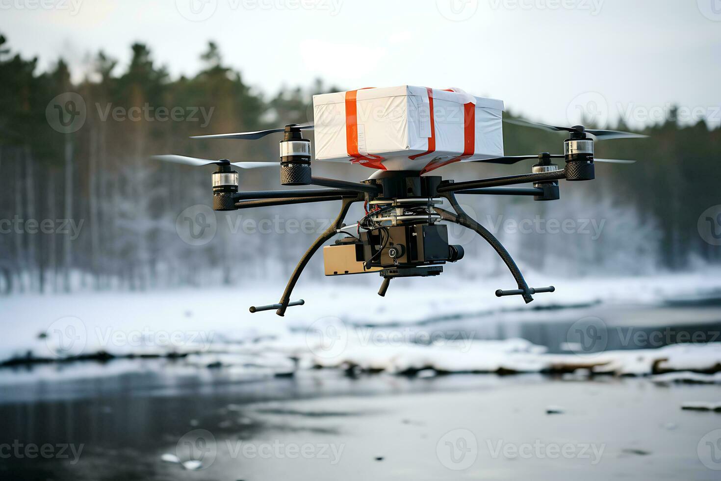 ai generativ. en Drönare levererar ett ordning, medicin eller gåva förbi flygande över en flod täckt i platser med is. foto