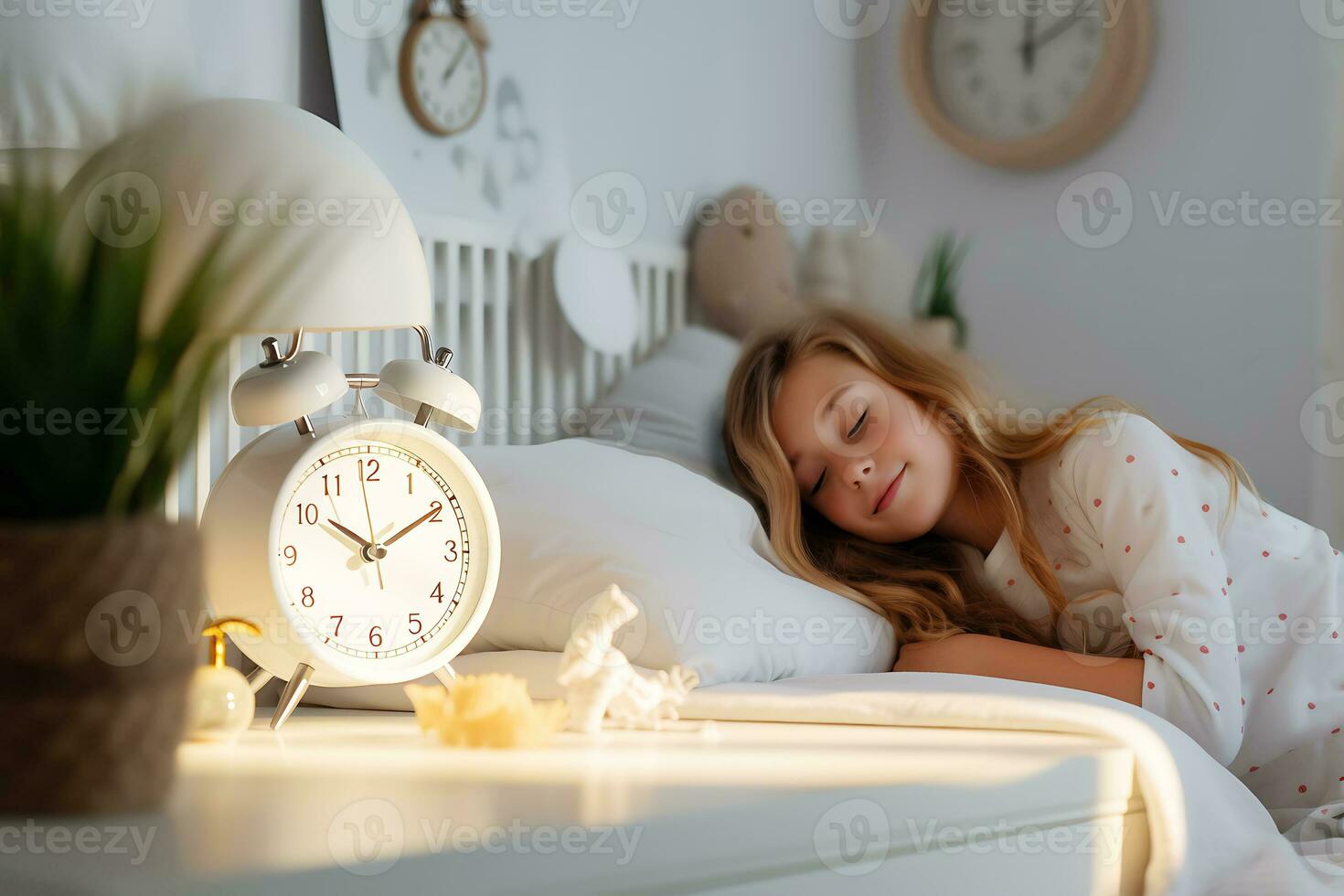 barn flicka sover i henne säng i de tidigt solig morgon. de klocka är i de förgrund. de begrepp av barns sömn schema. ai generativ foto