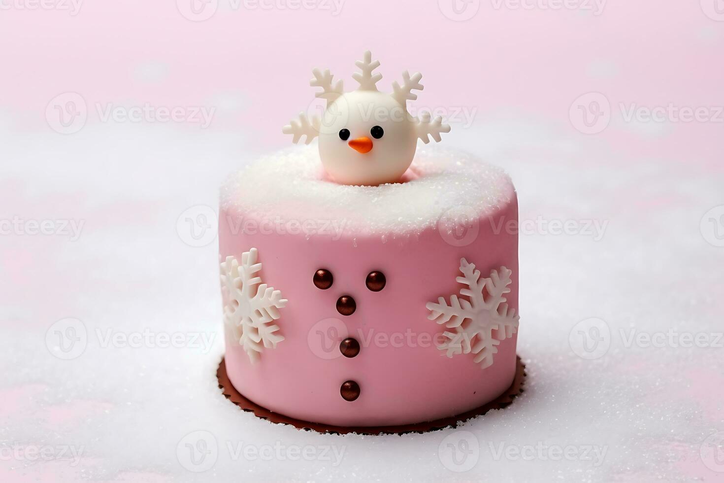 ai generativ. jul rosa kaka dekorerad med snöflingor och snögubbe foto