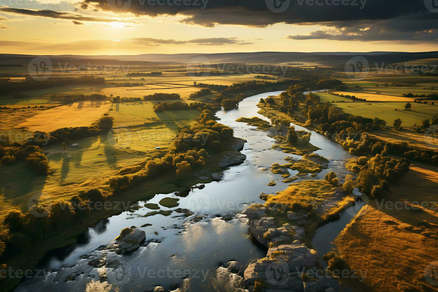 en Drönare se av de dal var de flod flöden mellan pittoresk ängar. de Sol uppsättningar över de horisont. ai generativ foto