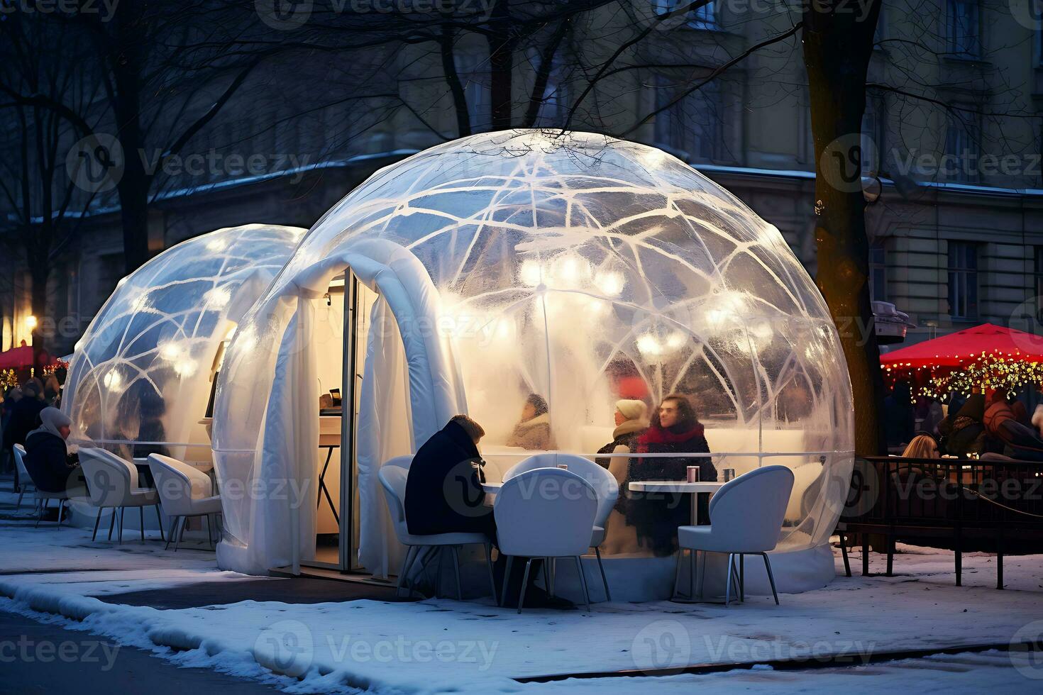 ai generativ. stad landskap i vinter. kaféer i de form av lysande ny år bollar stå i en rad längs en snötäckt gata. horisontell illustration foto