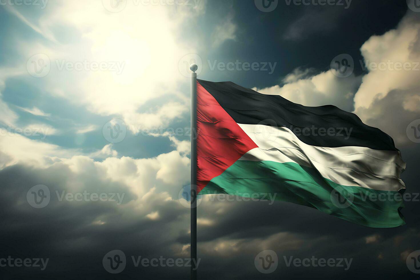 ai generativ. palestina flagga mot de himmel med moln och rök foto