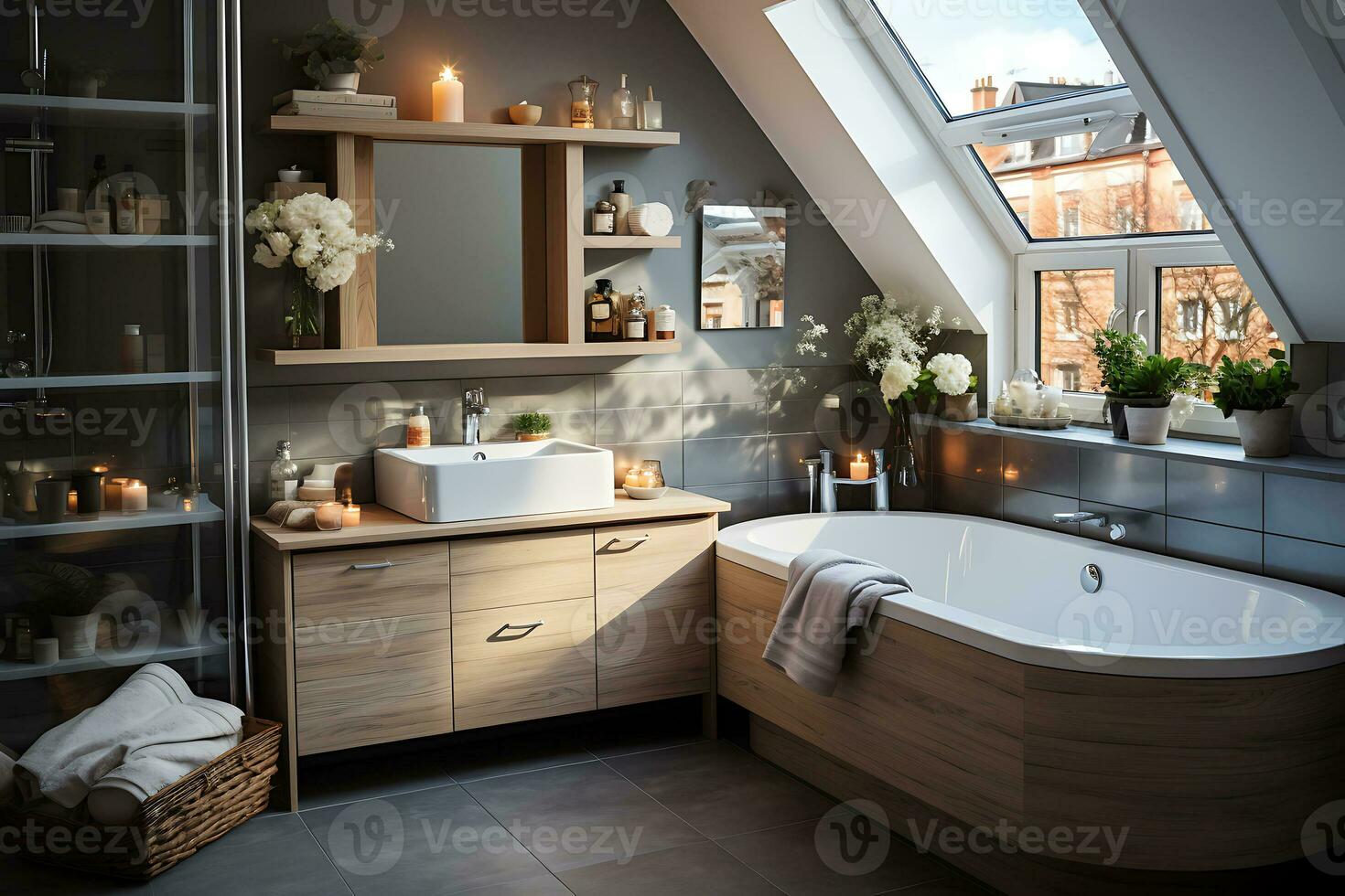 de design av de badrum är tillverkad i de scandinavian stil. där är en massa av ljus i de rum, burkar av kosmetika, solljus lyser från de fönster. ai generativ foto