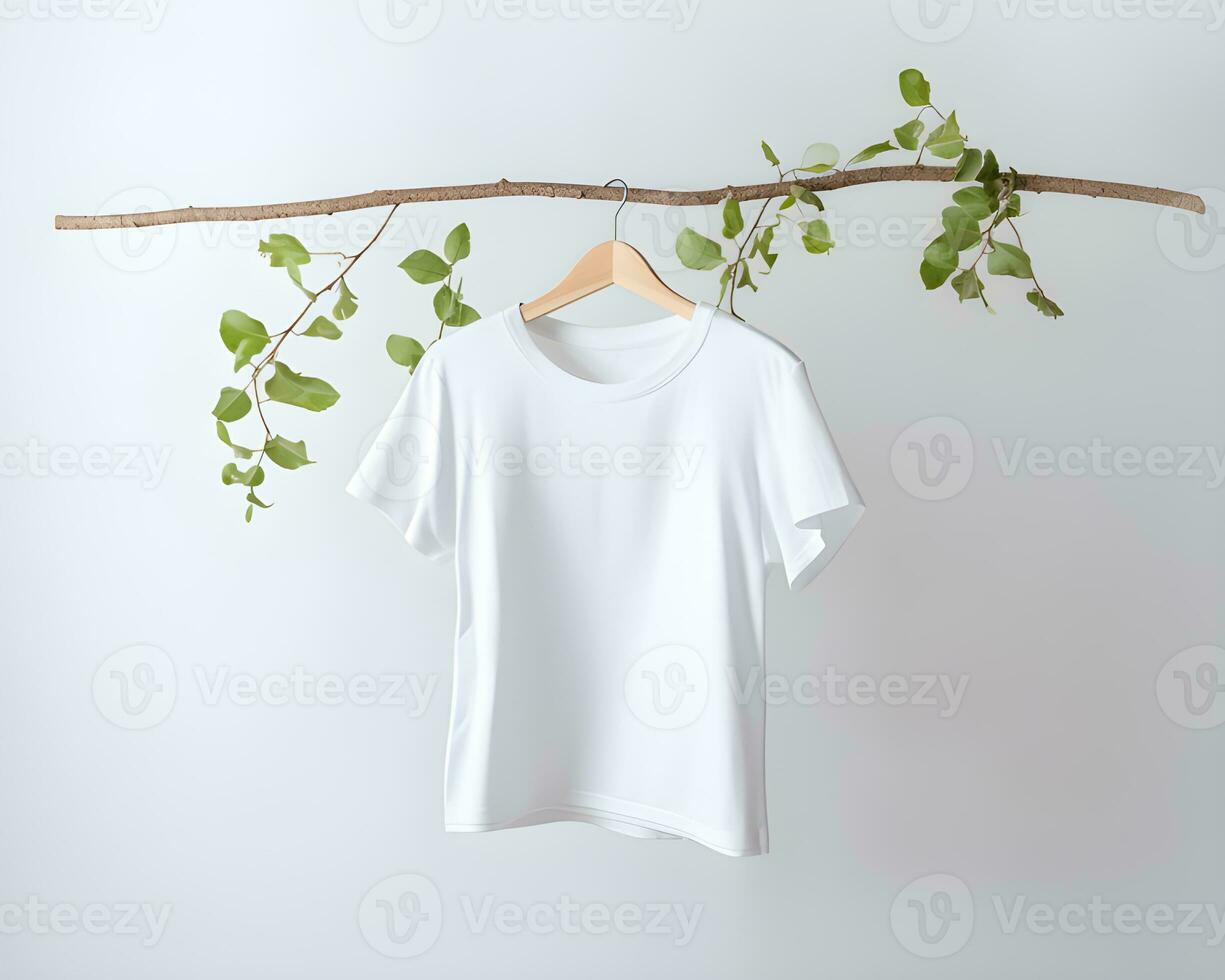 rena och minimal vit t-shirt attrapp på en trä- järnväg. generativ ai foto