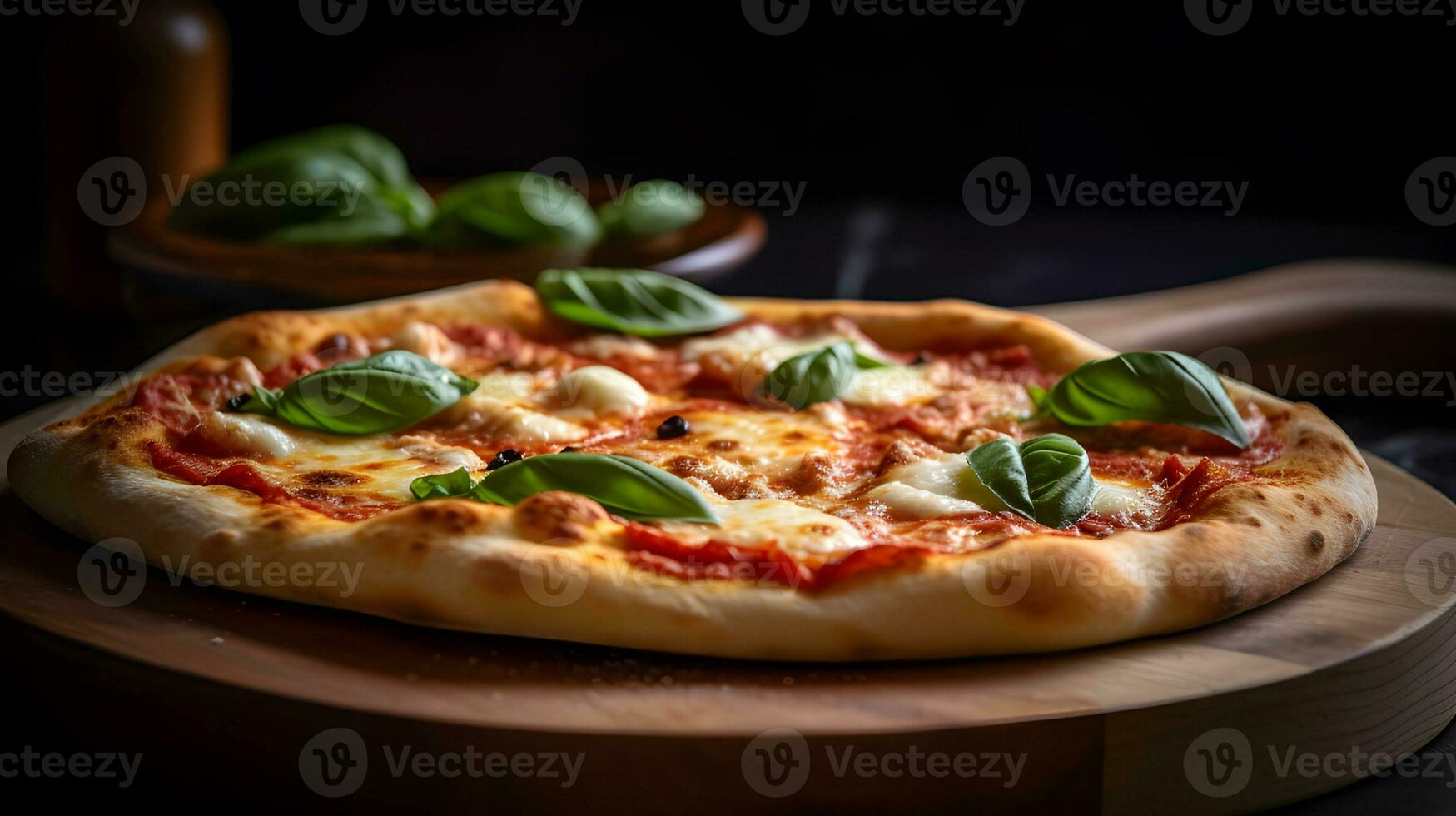 äkta margherita pizza med färsk mozzarella och basilika på trä- styrelse. generativ ai foto